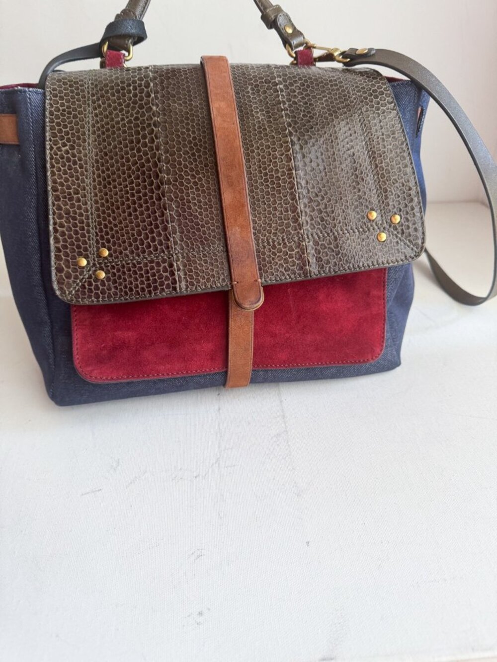 JEROME DREYFUSS Edouard handbag shoulder hand bag Suede Denim Snakeskin - Picture 5 of 8